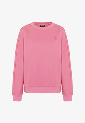 Pink sweatshirt made of soft fabric. Features a crew neck, long sleeves, and a small logo embroidered on the chest. Plain, relaxed fit.