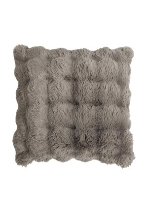 Square gray faux fur pillow with a textured, tufted design and slightly scalloped edges.