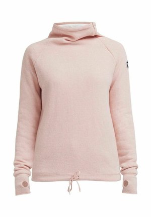 Felpa rosa con colletto alto, maniche lunghe e orlo con coulisse. Presenta un accento circolare sulla manica sinistra. Tessuto morbido e strutturato.