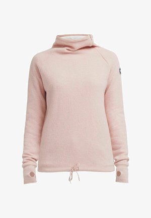 Pink sweatshirt with a high collar, long sleeves, and drawstring hem. Features a circular accent on the left sleeve. Soft, textured fabric.