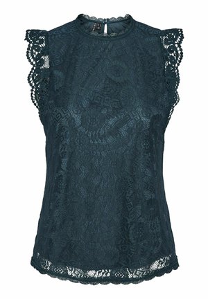 Top in pizzo verde scuro con colletto alto e rifiniture in pizzo decorativo sulle spalle. Il tessuto presenta un motivo floreale e un orlo scallop.