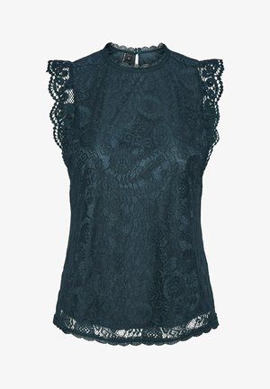 Čipkasta majica temno zelene barve z visokim ovratnikom in okrasnimi čipkastimi robovi na ramenih. Tkanina ima cvetlični vzorec in rob s scallop obliko.