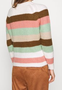 Maglione lavorato a maglia con strisce orizzontali in bianco, rosa, verde, beige e marrone. Tessuto testurizzato, colletto rotondo e maniche lunghe.