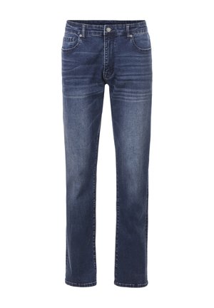 Jeans mit geradem Bein aus blauem Denim mit Front- und Gesäßtaschen, Gürtelschlaufen, Knopfverschluss und dezenten ausgebleichten Details an Oberschenkeln und Knien.