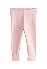 Ljusrosa ribbade leggings med smal passform, utrustade med elastisk midjeband och utan synliga knäppningar eller mönster. Mjuk tygtextur.