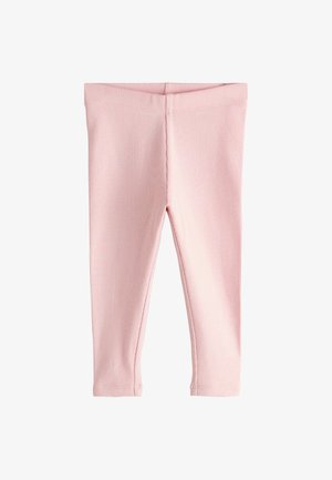 Leggings rose clair côtelés à coupe slim, avec une ceinture élastique et sans fermetures visibles ni motifs. Texture de tissu douce.