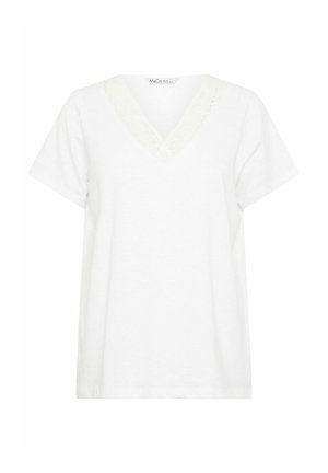 Weißes kurzärmliges V-Ausschnitt-Oberteil mit Spitzenbesatz am Ausschnitt, geradem Schnitt und schlichtem Stoff.