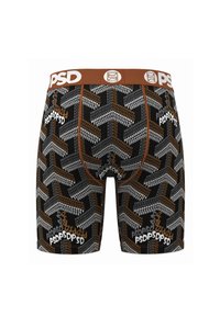 Boxeri negri cu un model geometric în nuanțe de maroniu, gri și alb. Au un elastic maro cu logo-ul "PSD". Textura materialului este moale.