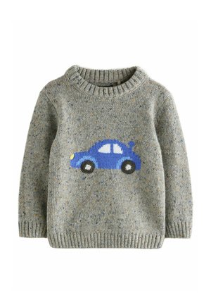 Sweter robiony na drutach w jasnoszarym kolorze z wielokolorowymi punkcikami. Ma na przodzie wzór samochodu w kolorze niebieskim oraz ściągacz przy okrągłym dekolcie.