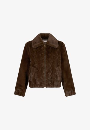 Brown faux fur jacket with large collar, front zipper, and textured cable-knit pattern on the body.
