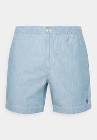 Ljusblå shorts tillverkade av ett strukturerat tyg med resårmidja, med en framknapp och en liten logga nära nederkanten.