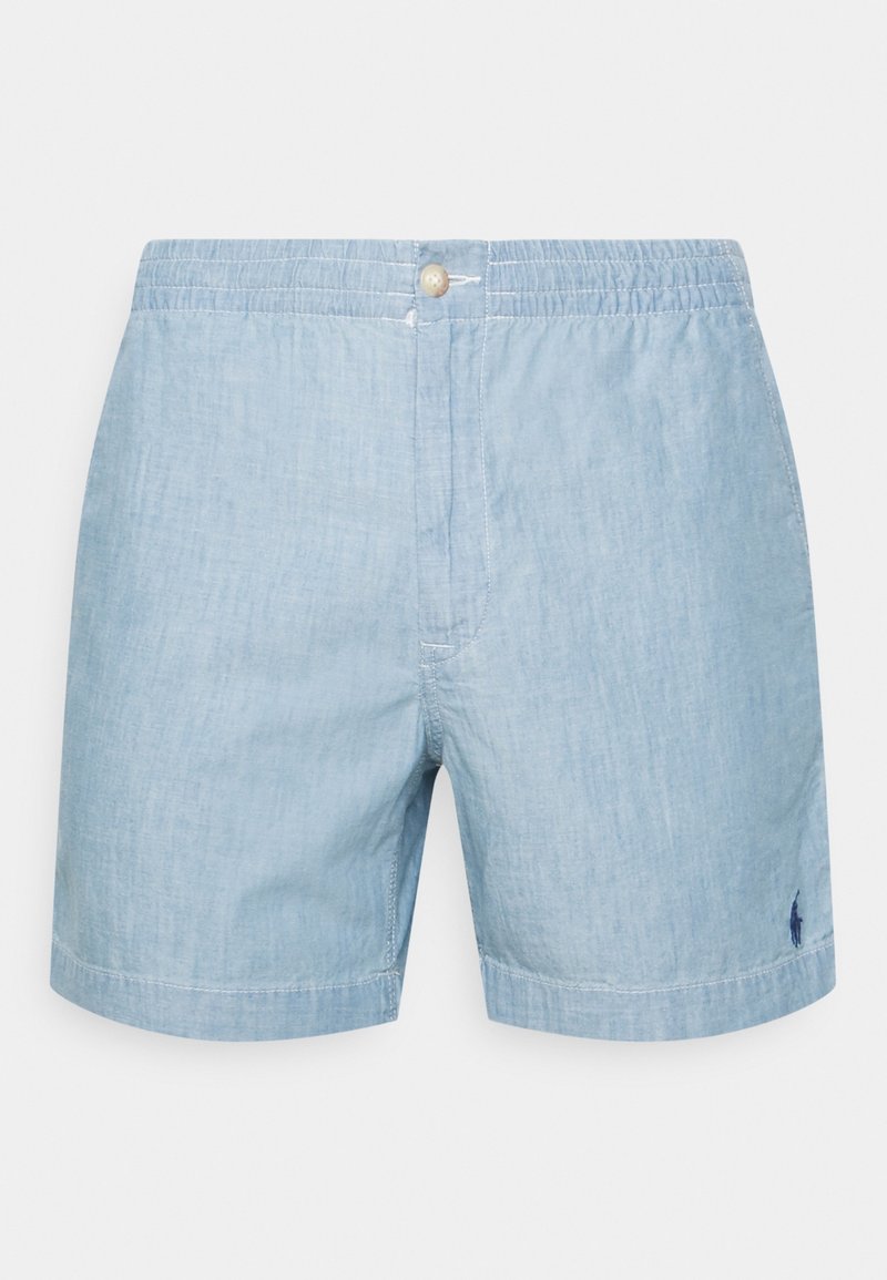 Ljusblå shorts tillverkade av ett strukturerat tyg med resårmidja, med en framknapp och en liten logga nära nederkanten.