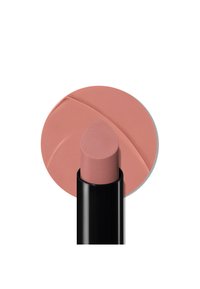 Leppestift i et svart sylinderformet rør har en avrundet, avsmalnet tupp. Fargen er en myk, dempet rosa med en glatt, matt tekstur.