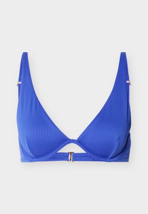 Haut de bikini bleu en tissu côtelé avec bretelles réglables et fermeture à agrafe à l'avant.