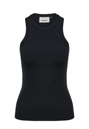 Schwarzes geripptes Tanktop mit figurbetontem Schnitt, rundem Ausschnitt und breiten Trägern. Verfügt über ein dezentes Markenetikett am Hals.