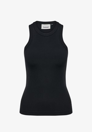 Zwart geribd mouwloos topje met een aangesloten pasvorm, ronde halslijn en brede schouderbanden. Voorzien van een subtiel merklablet bij de nek.