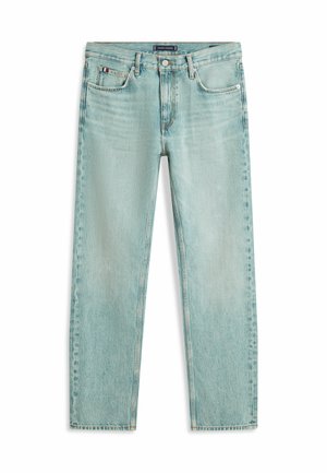 Ανοιχτό μπλε τζιν παντελόνι με ίσια μπατζάκια, πέντε τσέπες, κλείσιμο με κουμπί και διακριτική ξεθώριαση στα εμπρός μηριαία και γόνατα.