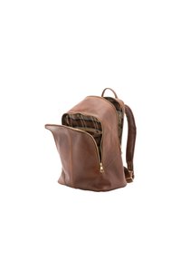 Bruine leren rugzak met twee ritscompartimenten, voorzien van een plooien interieur en een ronde vorm. Verstelbare schouderbanden.