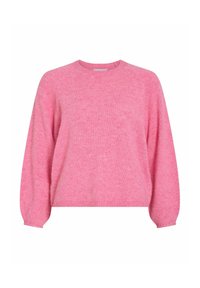 Suéter rosa de punto con mangas largas y ligeramente abullonadas, escote redondo y un acabado de trenzado suave y texturizado. Corte clásico con dobladillo acanalado.