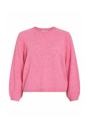 Rosa Pullover mit langen, leicht gepufften Ärmeln, rundem Ausschnitt und einer weichen, strukturierten Strickoberfläche. Klassische Passform mit geripptem Saum.