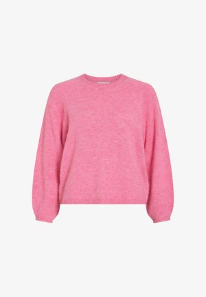 Suéter rosa de punto con mangas largas y ligeramente abullonadas, escote redondo y un acabado de trenzado suave y texturizado. Corte clásico con dobladillo acanalado.