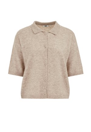 Kurzärmeliges, vorne mit Knöpfen versehenes Strickjacken-Cardigan in Hellbeige aus weichem, strukturiertem Stoff. Mit einem Kragen und abgerundetem Saum.
