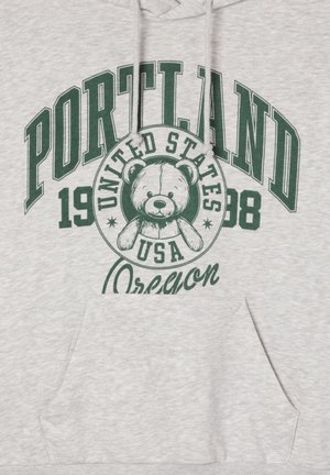 Szara bluza z kapturem z zielonym nadrukiem. Tekst zawiera "PORTLAND", "STANY ZJEDNOCZONE" oraz grafikę niedźwiedzia. Przednia kieszeń kangurza. Miękki materiał.