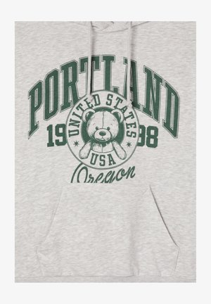 Felpa grigia con stampa verde. Il testo include "PORTLAND", "STATI UNITI" e una grafica di un orso. Tasca frontale a marsupio. Texture morbida.