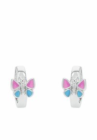 Pendientes de aro de plata con diseños de mariposas y alas de esmalte rosa y azul.