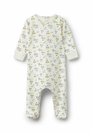 Body neonato a maniche lunghe in crema chiaro con motivi giocosi di coni gelato e mongolfiere, dotato di bottoni a pressione sul fondo per cambi facili.