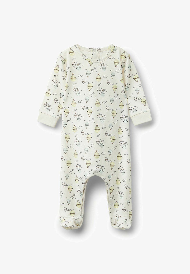 Dětský overal s dlouhým rukávem v světlé smetanové barvě s hravými vzory zmrzlinových kornoutů a horkovzdušných balónů, který má zapínání na patentky na dně pro snadnou výměnu.