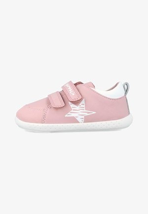 Pink sneaker with white star design, Velcro straps, smooth synthetic material, padded collar, and a white rubber sole with small holes.