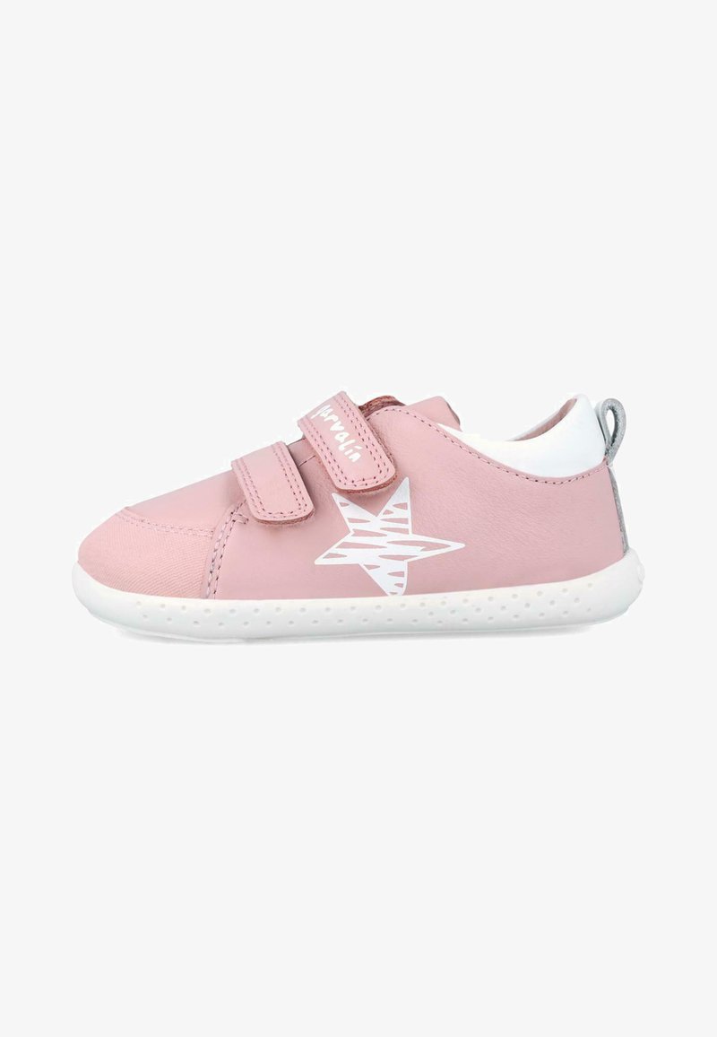 Pink sneaker with white star design, Velcro straps, smooth synthetic material, padded collar, and a white rubber sole with small holes.
