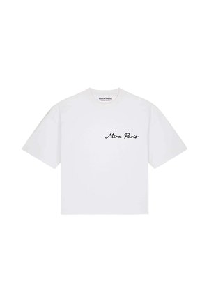 T-shirt bianca a manica corta con testo in corsivo nero "Mira Paris" sul petto sinistro e scollo rotondo.