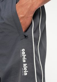 Gray shorts with white side stripes and logo detail. Made from lightweight fabric, featuring a pocket and smooth texture.
