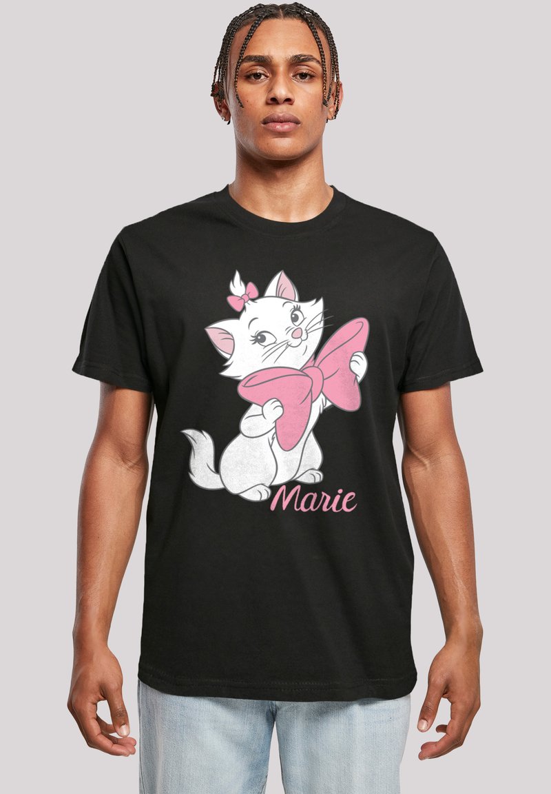 Juoda marškinėliai su baltu animaciniu katinu su rožiniu kaspinu, žemiau užrašas "Marie", trumpomis rankovėmis, standartinio dydžio, minkšta audinio tekstūra.