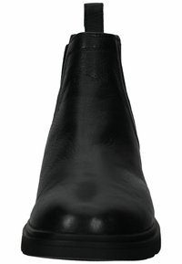 Stivale Chelsea in pelle nera caratterizzato da una superficie liscia, punta arrotondata e pannelli laterali elastici con una linguetta sul retro per un facile indossamento.