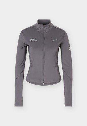 Γκρι μακρυμάνικο μπουφάν Nike με φερμουάρ και όρθιο γιακά, λευκά λογότυπα Nike στο στήθος και διακριτικές λεπτομέρειες στα μανίκια.