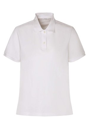 Witte polo met korte mouwen, een klassieke kraag en een placket met drie knopen. Gemaakt van stevige stof, met een gladde textuur.