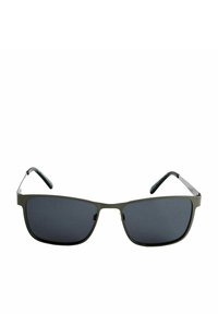 Dunkle Sonnenbrille mit rechteckigem Rahmen in Olivgrün, ausgestattet mit grauen Gläsern und schlanken Bügeln mit einer strukturierten schwarzen Oberfläche.
