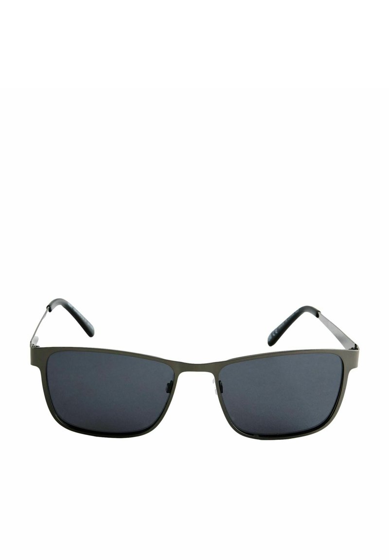 Dunkle Sonnenbrille mit rechteckigem Rahmen in Olivgrün, ausgestattet mit grauen Gläsern und schlanken Bügeln mit einer strukturierten schwarzen Oberfläche.