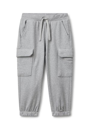 Lichtgrijze joggingbroek met elastische tailleband en boorden, een trekkoord aan de voorkant, twee zijzakken en twee flapcargozakken op de benen.