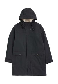 Parka noire imperméable avec capuche ajustable, doublure en polaire, deux poches avant, détails en bouton et poignets élastiques pour un ajustement sécurisé.