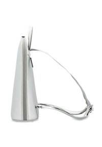 Grey synthetic leather backpack with a flat profile, zip closure, adjustable straps, and a minimalist design. Smooth texture and subtle stitching.