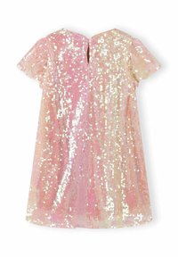 Robe rose étincelante à manches courtes, recouverte de sequins, dotée d'une ouverture en keyhole dans le dos et d'un doux éclat tout au long.