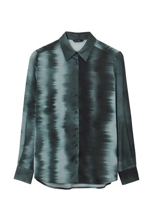 Camicia a maniche lunghe con bottoni in sfumature di teal e nero. Materiale satinato morbido con colletto a punta e maniche con polsini.