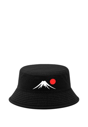 Black bucket hat with white mountain graphic and red circle on front side, shown against white background.