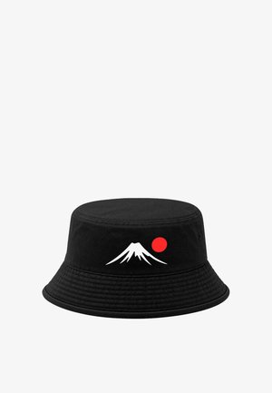 Black bucket hat with white mountain graphic and red circle on front side, shown against white background.
