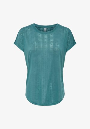 Kortærmet top i blågrøn farve lavet af letvægtsstof med et diskret prikmønster, rund halsudskæring og en buet kant for en afslappet pasform.