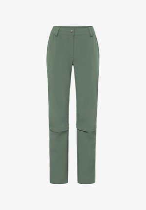 Light green convertible pants with zip-off legs, belt loops, front pockets, and button closure.